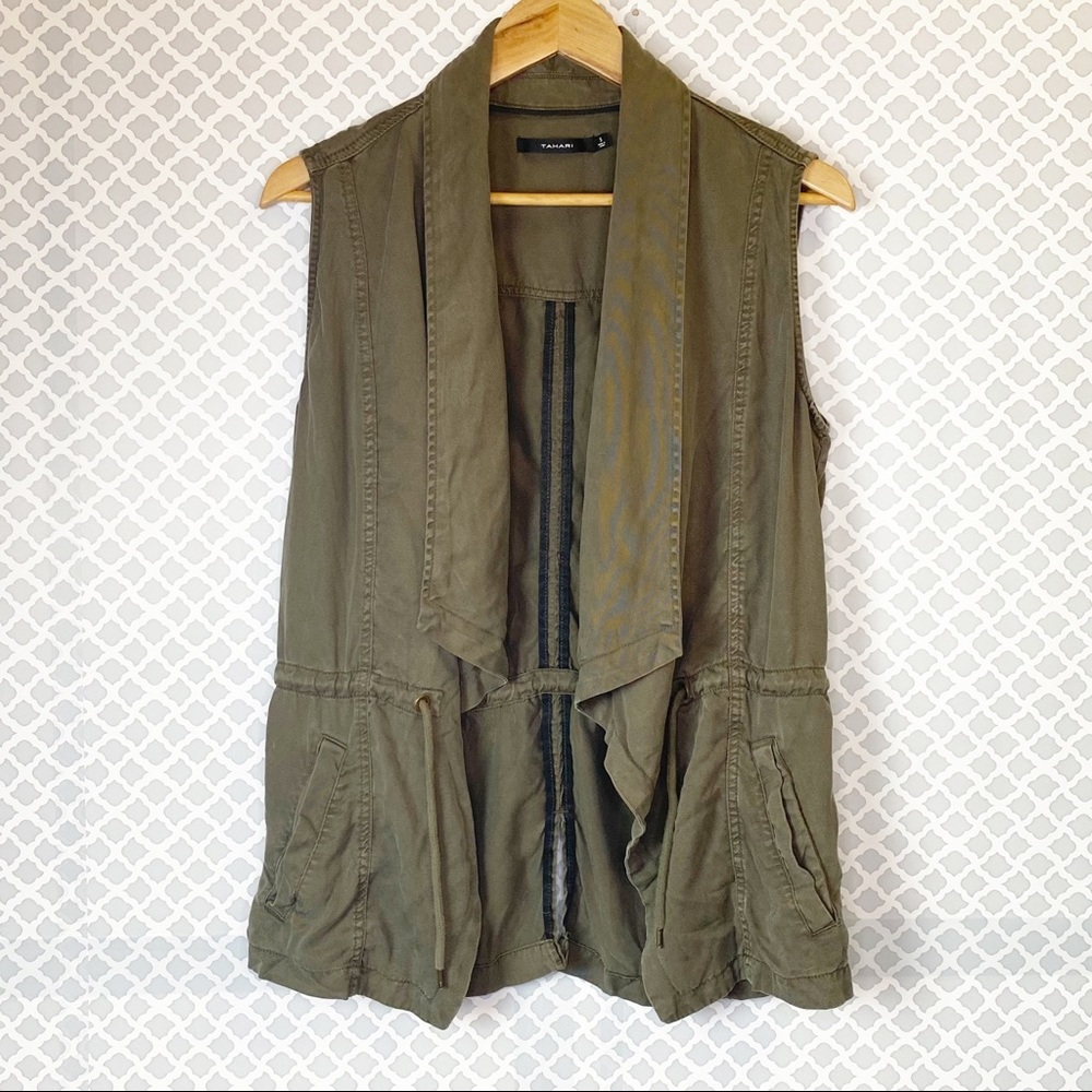 EUC Tahari Olive Draped Front Cargo Tencel Vest